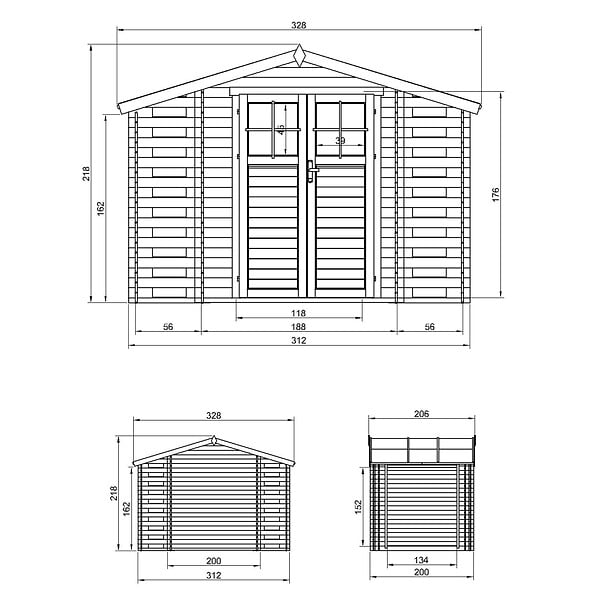 TIMBELA - Abri de jardin en bois et range bûches extérieur AVEC SOL TRAITÉ - extérieur I206xL328xH218 cm/ 3,53 + 0,97+0,97 m2 - TIMBELA M391F+M391G - large