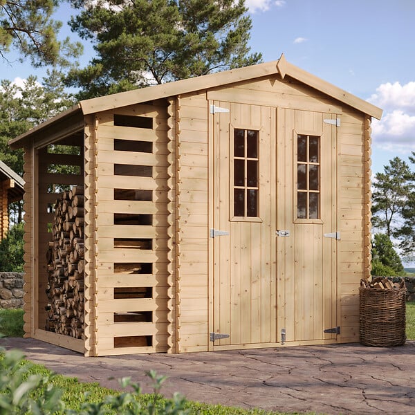 TIMBELA - TIMBELA M386C +M386G Abri de jardin en bois et range bûches I206xL272xH218 cm/ 3,53 + 0,97 m2 AVEC SOL TRAITÉ - large