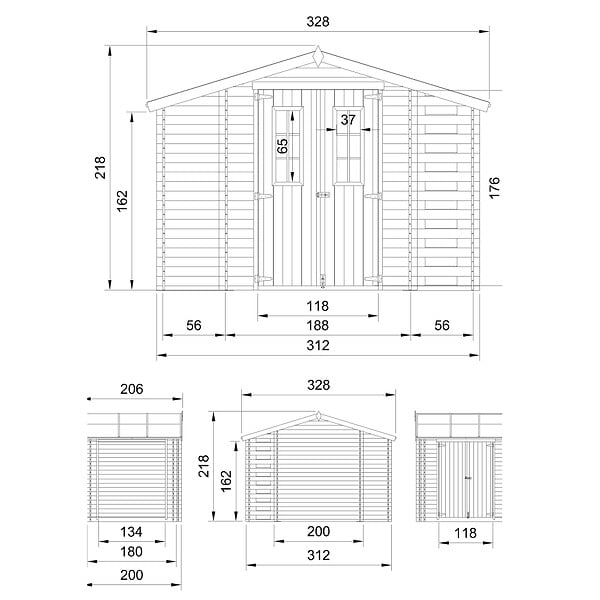 TIMBELA - Abri de jardin en bois et range bûches extérieur - Stockage extérieur I206xL328xH218 cm/ 3,53 + 0,97+0,97 m2 - M389C - large