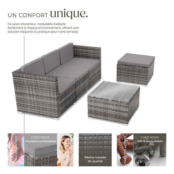 TECTAKE - Salon en rotin Lignano gris - large