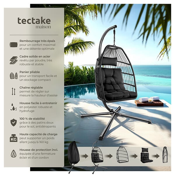 TECTAKE - Fauteuil suspendu Ariane avec structure et coussin 160kg noir - large