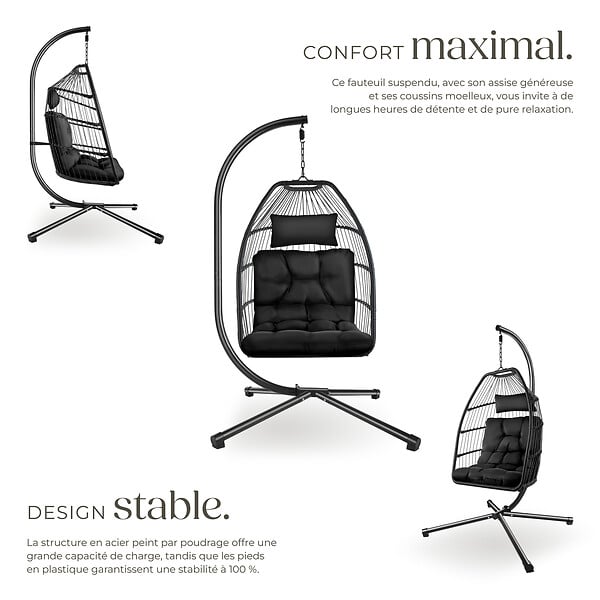 TECTAKE - Fauteuil suspendu Ariane avec structure et coussin 160kg noir - large