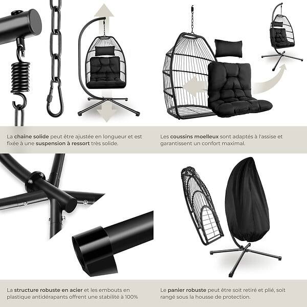 TECTAKE - Fauteuil suspendu Ariane avec structure et coussin 160kg noir - large