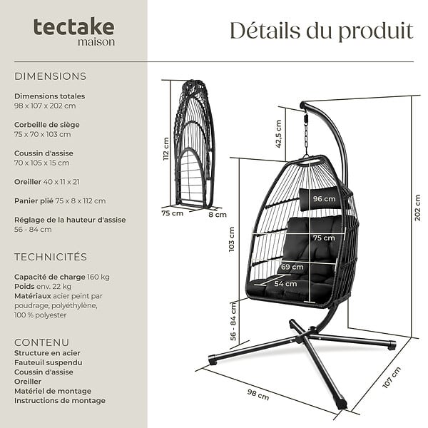 TECTAKE - Fauteuil suspendu Ariane avec structure et coussin 160kg noir - large