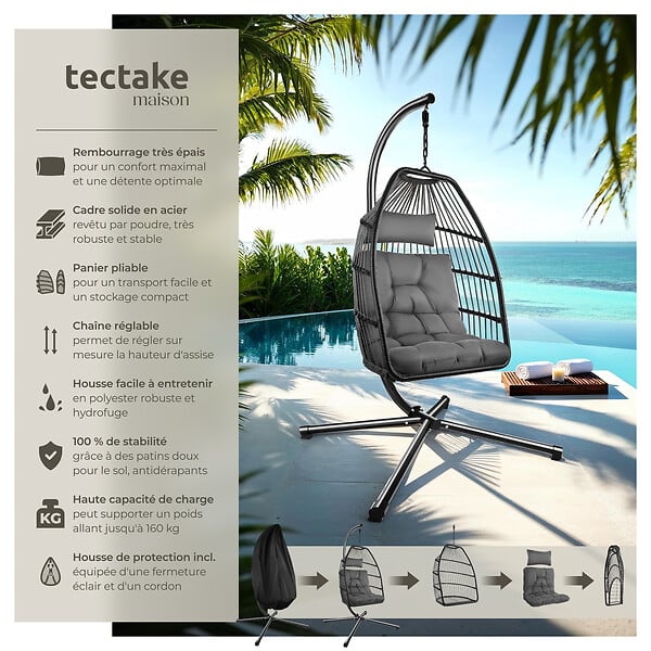 TECTAKE - Fauteuil suspendu pliable en acier avec coussin épais amovible gris foncé capacité 160 kg robuste - large