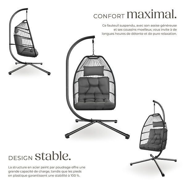 TECTAKE - Fauteuil suspendu pliable en acier avec coussin épais amovible gris foncé capacité 160 kg robuste - large
