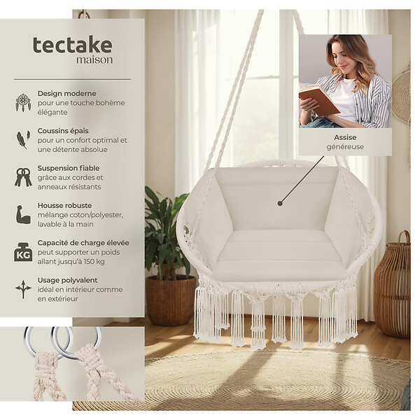 TECTAKE - Fauteuil suspendu beige style bohème romantique coussin moelleux construction robuste usage intérieur extérieur poids léger 80 x 72 x 125 cm - large