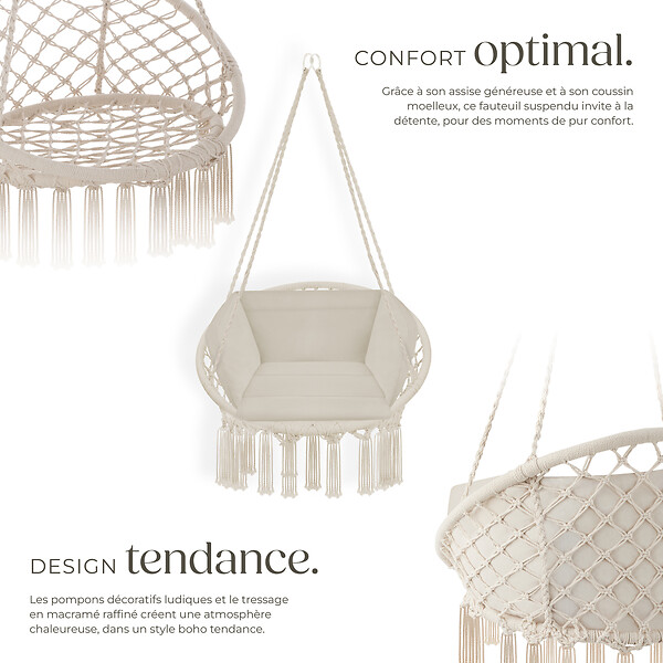 TECTAKE - Fauteuil suspendu beige style bohème romantique coussin moelleux construction robuste usage intérieur extérieur poids léger 80 x 72 x 125 cm - large