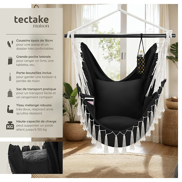 TECTAKE - Fauteuil suspendu Malika, style boho, capacité de charge 150 kg noir - large