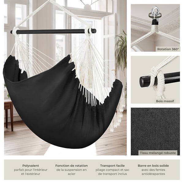 TECTAKE - Fauteuil suspendu Malika, style boho, capacité de charge 150 kg noir - large