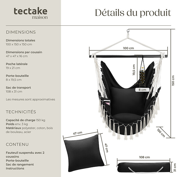 TECTAKE - Fauteuil suspendu Malika, style boho, capacité de charge 150 kg noir - large