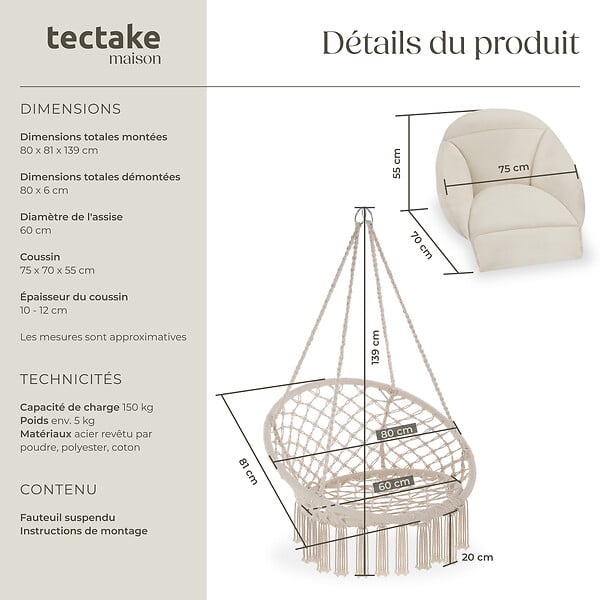 TECTAKE - Fauteuil suspendu Samira beige - large