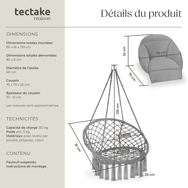 TECTAKE - Fauteuil suspendu Samira gris - large