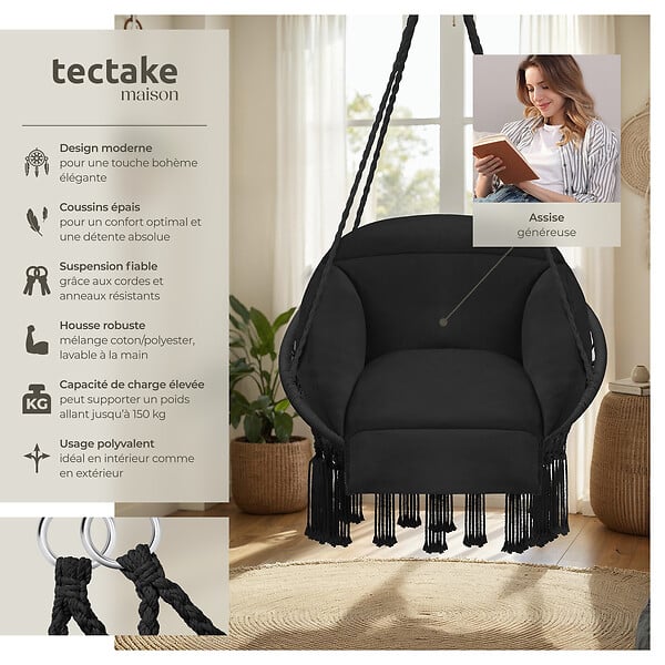 TECTAKE - Fauteuil suspendu Samira noir - large