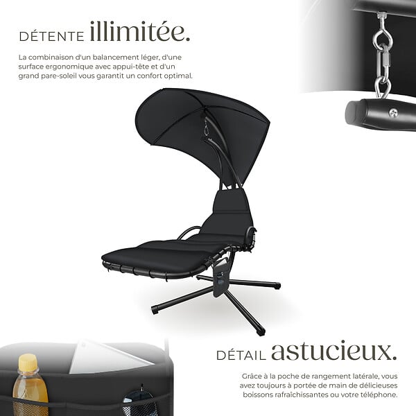 TECTAKE - Fauteuil suspendu Elaria avec pare-soleil et poche latérale noir - large