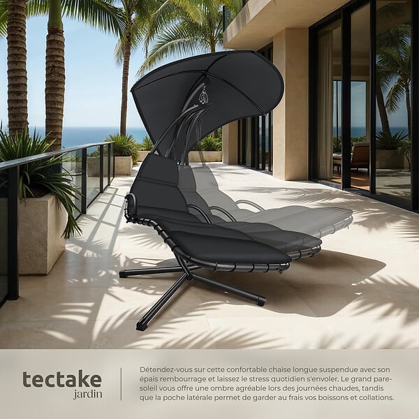 TECTAKE - Fauteuil suspendu Elaria avec pare-soleil et poche latérale noir - large
