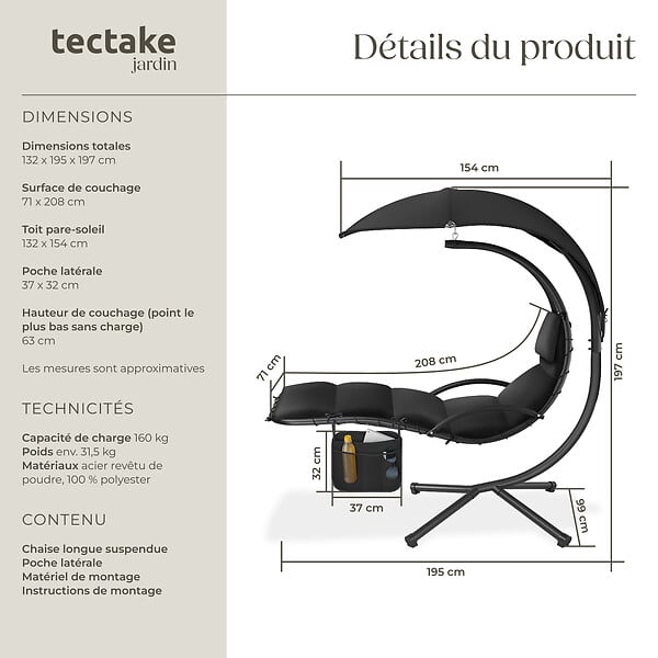TECTAKE - Fauteuil suspendu Elaria avec pare-soleil et poche latérale noir - large