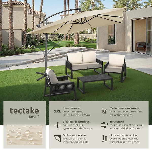 TECTAKE - Parasol APOLLON avec manivelle 2,5 x 2,5 m  beige - large