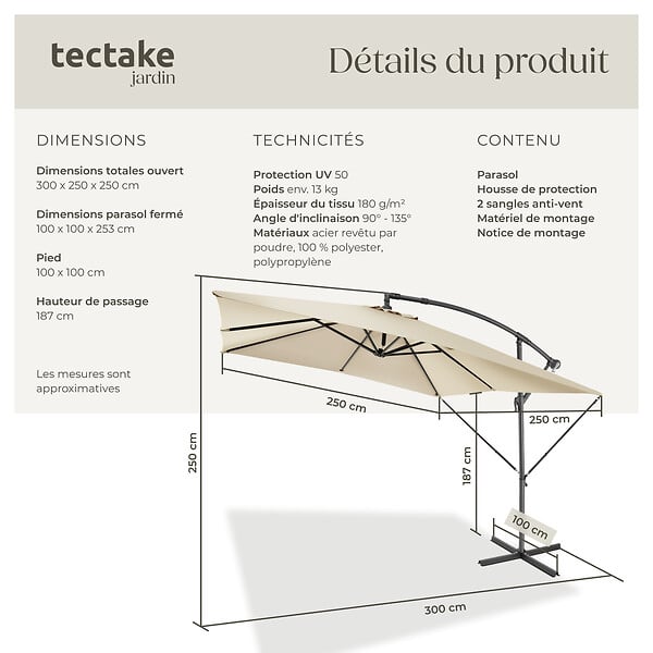 TECTAKE - Parasol APOLLON avec manivelle 2,5 x 2,5 m  beige - large