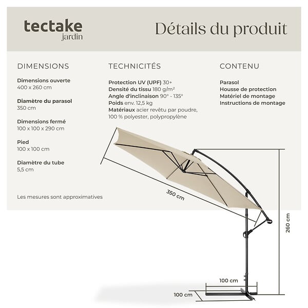 TECTAKE - Parasol 350 cm avec housse de protection beige - large