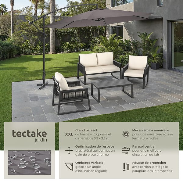 TECTAKE - Parasol déporté 3,5 m protection contre les uv ouverture par manivelle inclinable gris housse de protection incluse - large