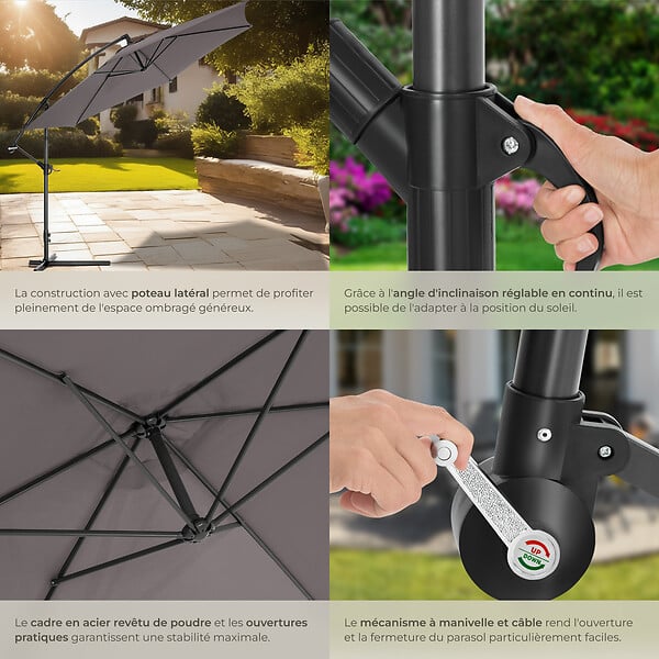 TECTAKE - Parasol déporté 3,5 m protection contre les uv ouverture par manivelle inclinable gris housse de protection incluse - large