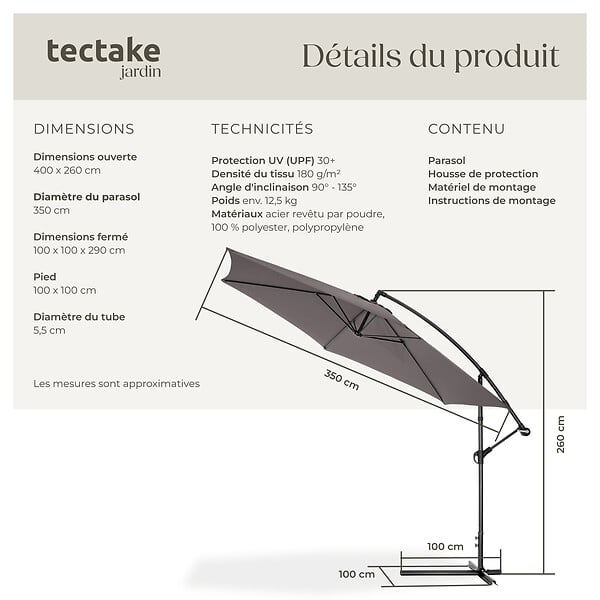 TECTAKE - Parasol déporté 3,5 m protection contre les uv ouverture par manivelle inclinable gris housse de protection incluse - large