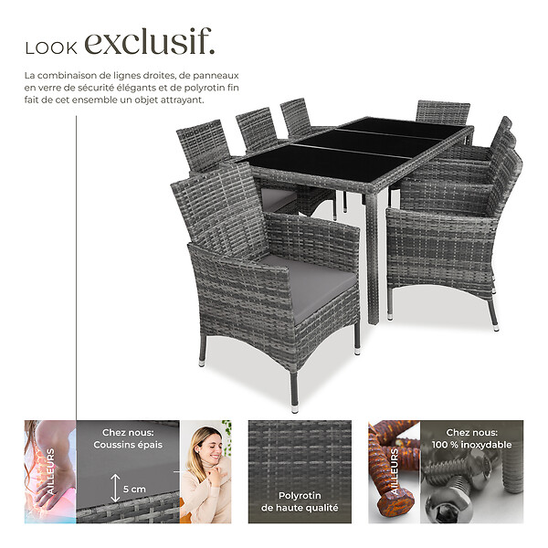 TECTAKE - Salon de jardin 8 places avec housse de protection gris tacheté/gris - large
