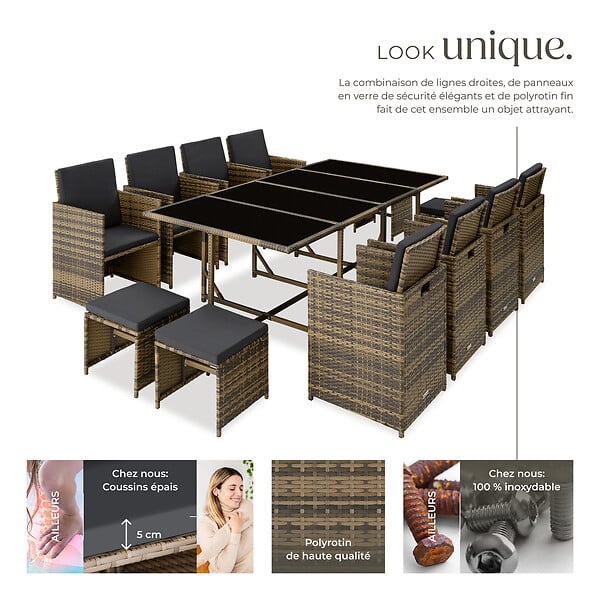 TECTAKE - Salon de jardin PALMA 12 places avec housse de protection, variante 2 marron naturel/gris foncé - large
