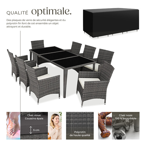 TECTAKE - Salon de jardin Menorca 8 places avec 2 sets de housses + housse de protection gris - large