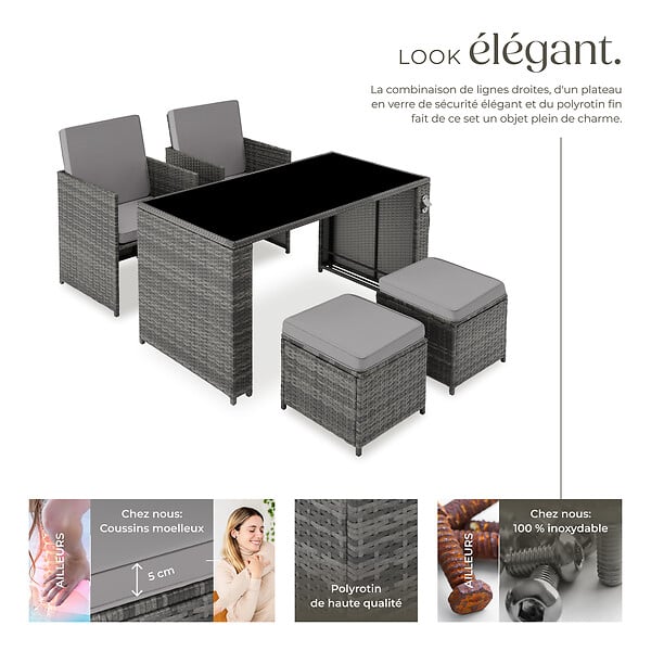 TECTAKE - Salon de jardin résistant UV 4 places en acier poly rotin gris ensemble mobilier extérieur - large