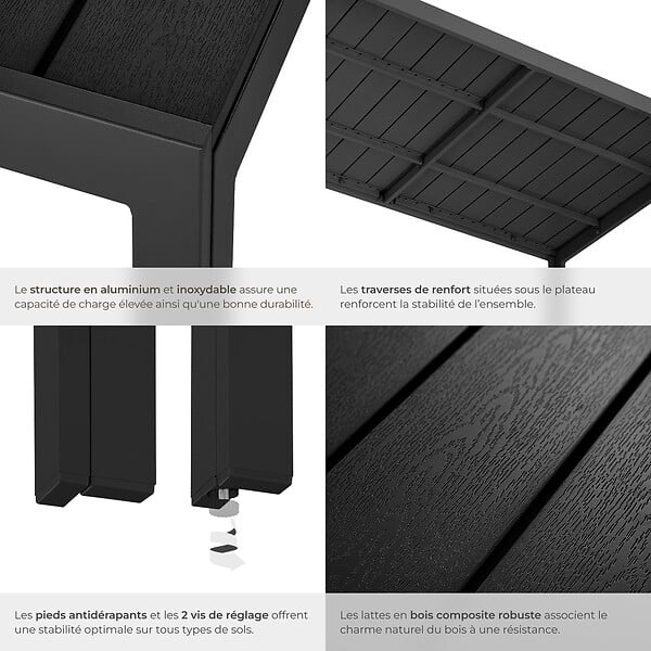 TECTAKE - Table de jardin en aluminium résistante intempéries et UV noir/noir - large