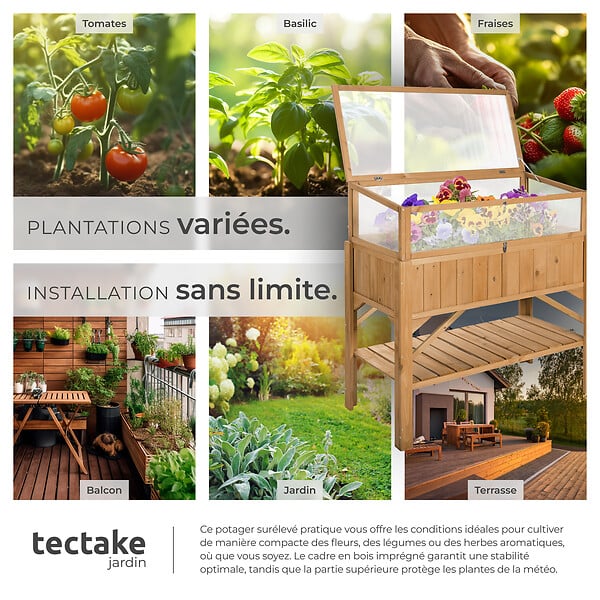 TECTAKE - Carré Potager de jardin sur Pied Surélevé avec étagère + Châssis de jardin 119x57x124cm marron - large