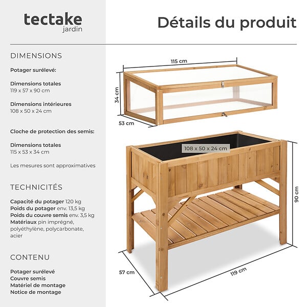 TECTAKE - Carré Potager de jardin sur Pied Surélevé avec étagère + Châssis de jardin 119x57x124cm marron - large