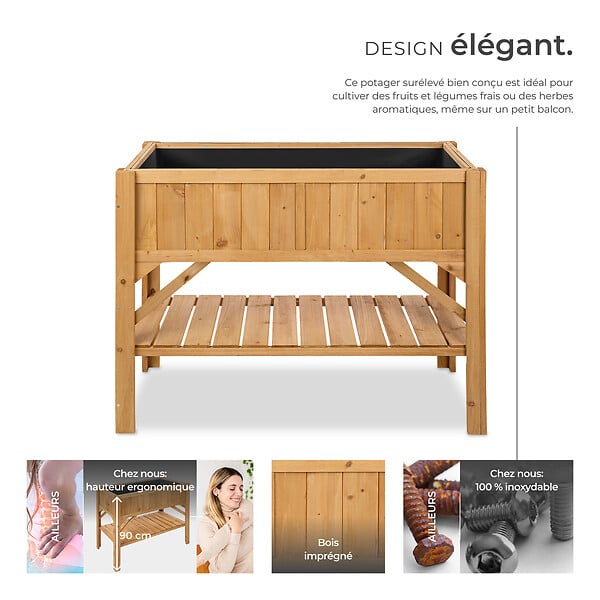 TECTAKE - Potager sur pied en bois de pin marron avec étagère de rangement extérieur 119x57x90 cm - large