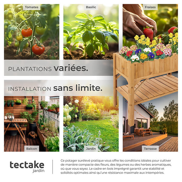 TECTAKE - Potager sur pied en bois de pin marron avec étagère de rangement extérieur 119x57x90 cm - large