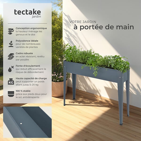 TECTAKE - Carré Potager sur pied CALENDULA avec trou de drainage 98,5x26x82,5cm gris anthracite - large