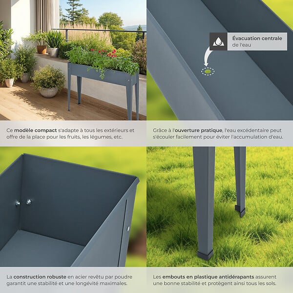 TECTAKE - Carré Potager sur pied CALENDULA avec trou de drainage 98,5x26x82,5cm gris anthracite - large