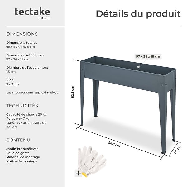 TECTAKE - Carré Potager sur pied CALENDULA avec trou de drainage 98,5x26x82,5cm gris anthracite - large