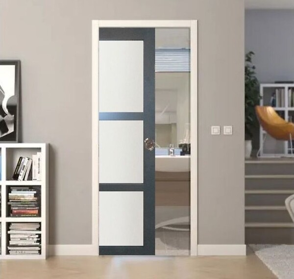 GD MENUISERIES - Porte Coulissante Blakeria Vitrée Gris Anthr H204 x L93 cm, Galandage - large