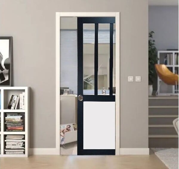 GD MENUISERIES - Porte Coulissante Atelier noir, panneau blanc Vitrée H204 x L73 cm, Galandage - large