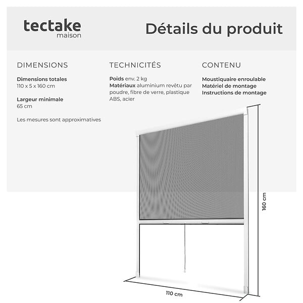 TECTAKE - Moustiquaire enroulable fenêtre store aluminium blanc 110x160cm filet fibre verre anti insectes protection UV rideau ajustable grille - large