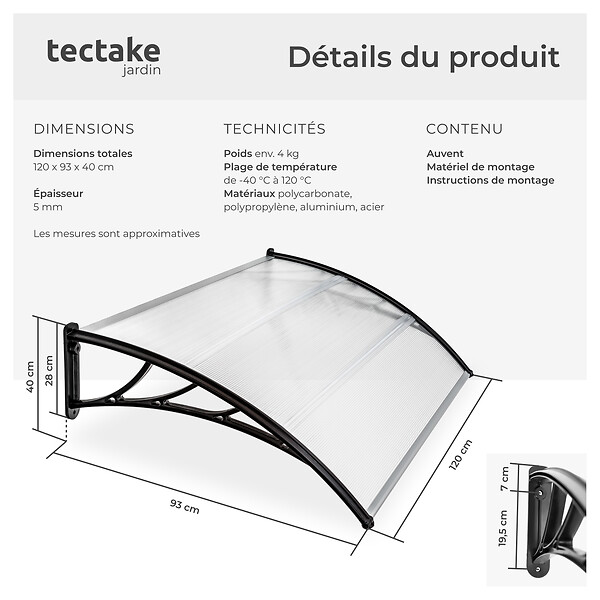 TECTAKE - Marquise blanc transparent - large