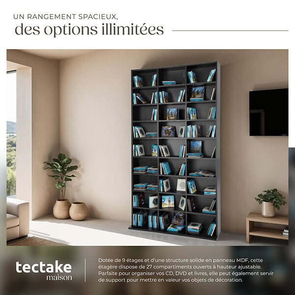 TECTAKE - Étagère bibliothèque rangement média noir 180 x 102 x 23,5 cm 27 compartiments 24 étagères réglables - large