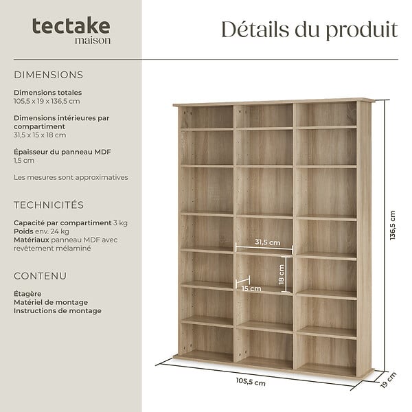 TECTAKE - Étagère bibliothèque Stevie 105,5x19x136,5cm Bois clair, Chêne Sonoma - large