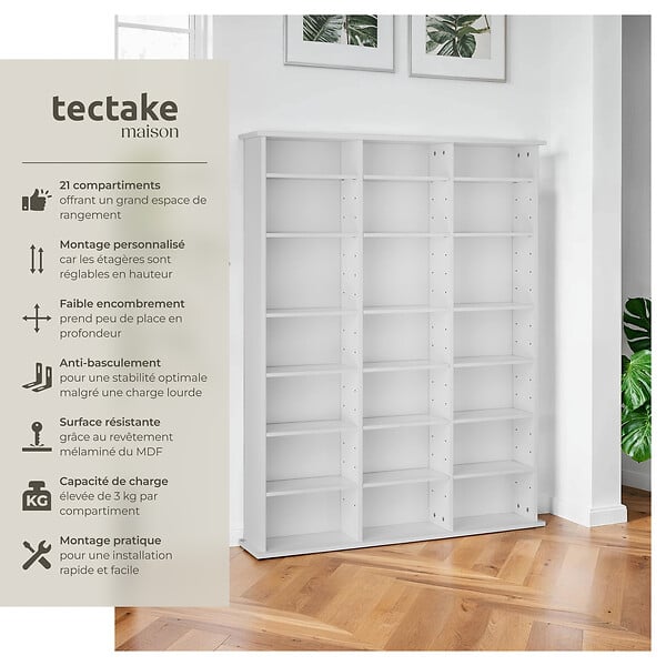 TECTAKE - Étagère bibliothèque Stevie 105,5x19x136,5cm blanc mat - large