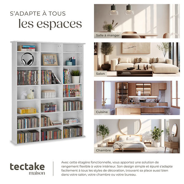 TECTAKE - Étagère bibliothèque Stevie 105,5x19x136,5cm blanc mat - large