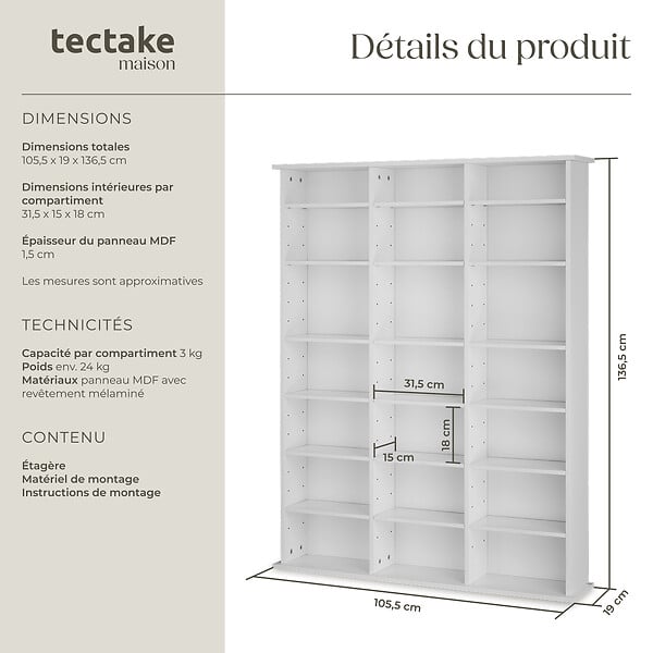 TECTAKE - Étagère bibliothèque Stevie 105,5x19x136,5cm blanc mat - large
