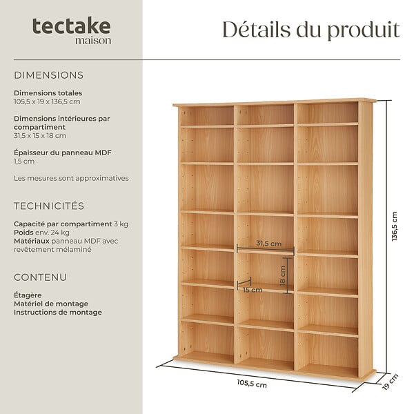 TECTAKE - Étagère bibliothèque Stevie 105,5x19x136,5cm marron hêtre - large