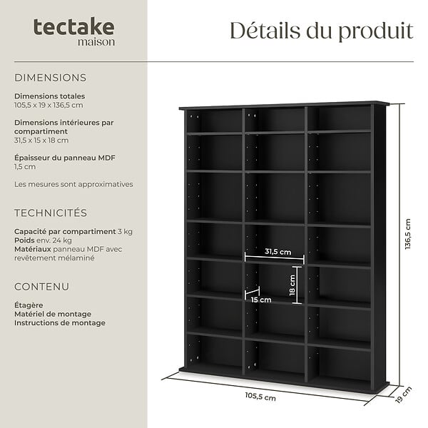TECTAKE - Étagère bibliothèque Stevie 105,5x19x136,5cm noir - large